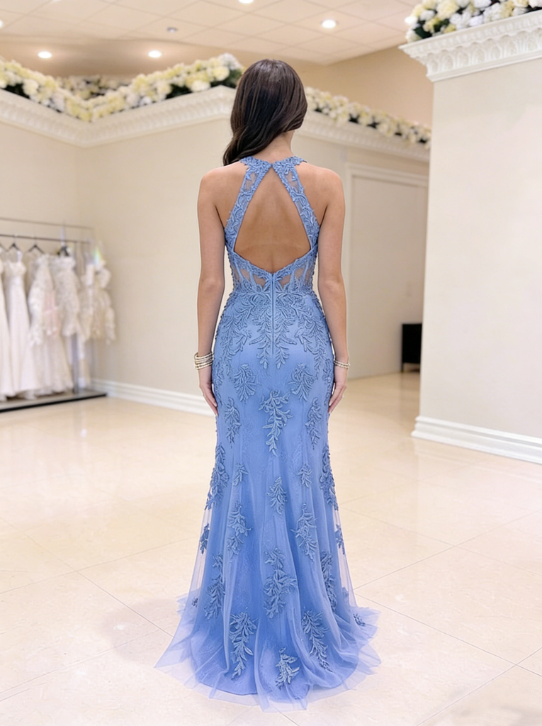 Periwinkle Blue Lace Mermaid Prom Dress | Deep V Neck Open Back Formal Evening Gown, PD4174