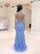Periwinkle Blue Lace Mermaid Prom Dress | Deep V Neck Open Back Formal Evening Gown, PD4174