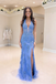 Periwinkle Blue Lace Mermaid Prom Dress | Deep V Neck Open Back Formal Evening Gown, PD4174