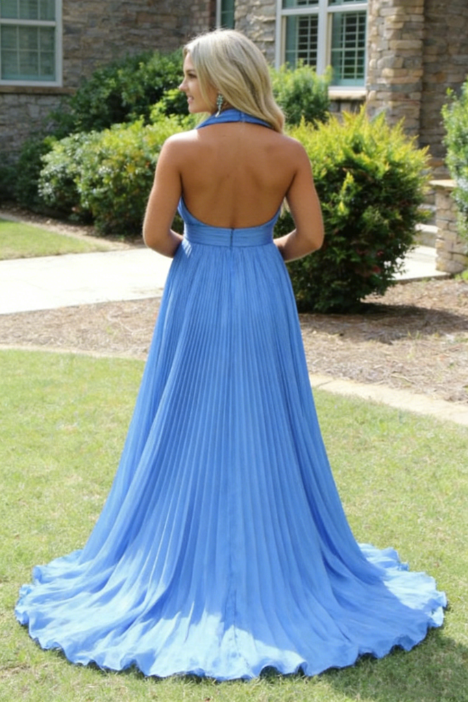Flowy Sky Blue Halter Pleated Chiffon Dress | High Slit Backless Formal Evening Gown, PD4175