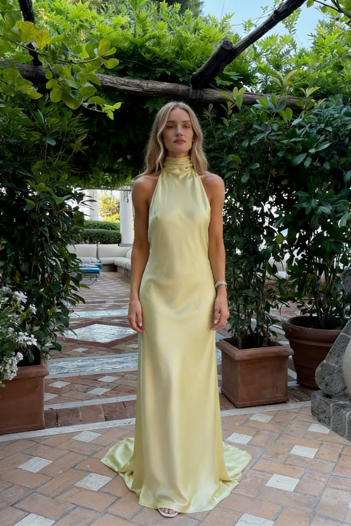 Luxury Champagne Yellow Satin Halter Gown, Backless Floor-Length Prom Dress, PD4178