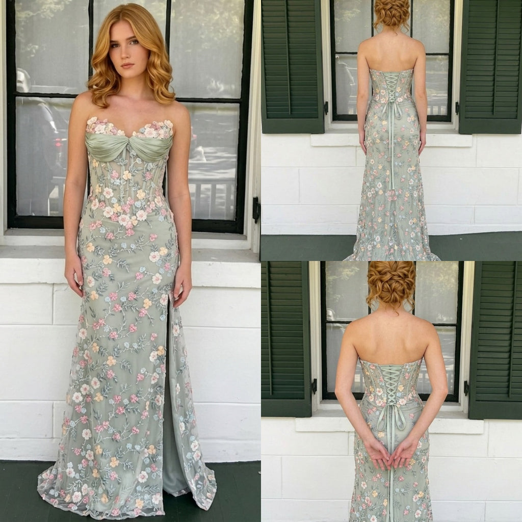 Beautiful Sage Green Floral Embroidered Strapless Corset Mermaid Prom Dress with Slit, PD4180