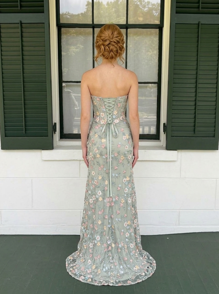 Beautiful Sage Green Floral Embroidered Strapless Corset Mermaid Prom Dress with Slit, PD4180