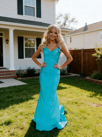 Simple Turquoise Blue Spaghetti Strap V-Neck Mermaid Prom Dress with Train, PD4183