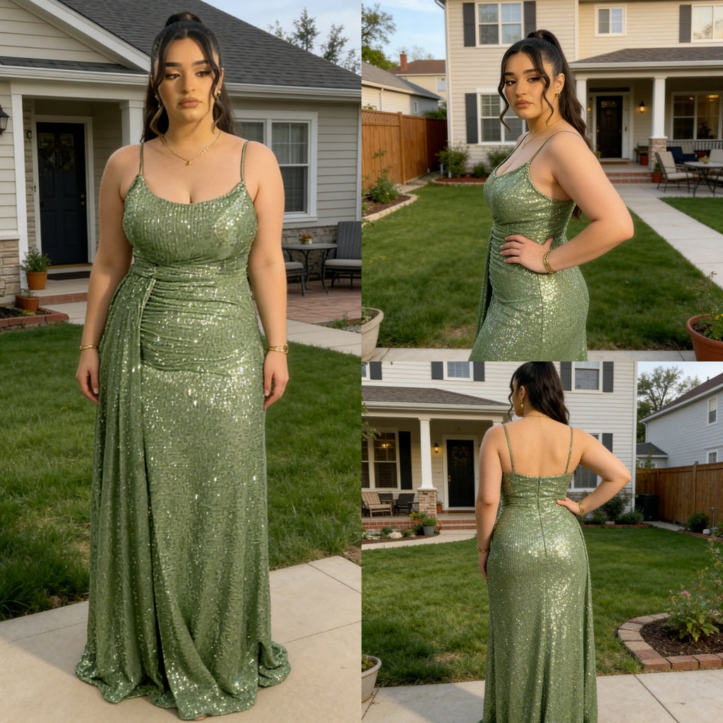Shiny Olive Green Sequin Spaghetti Strap Ruched Mermaid Maxi Evening Dress with Train, PD4184