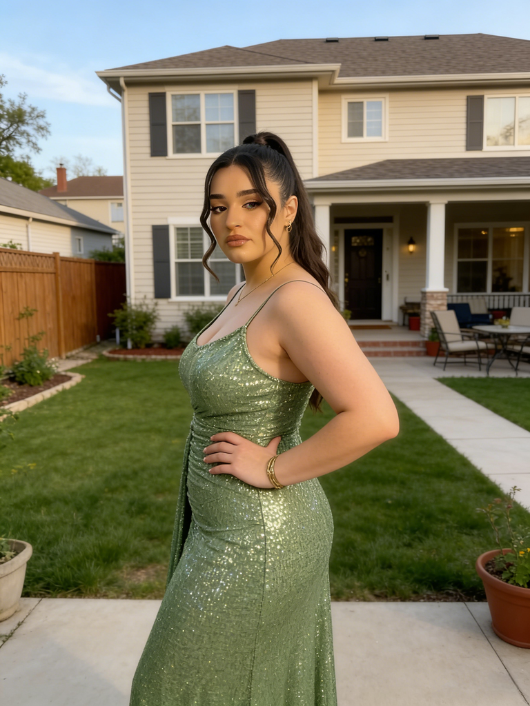 Shiny Olive Green Sequin Spaghetti Strap Ruched Mermaid Maxi Evening Dress with Train, PD4184