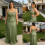 Shiny Olive Green Sequin Spaghetti Strap Ruched Mermaid Maxi Evening Dress with Train, PD4184