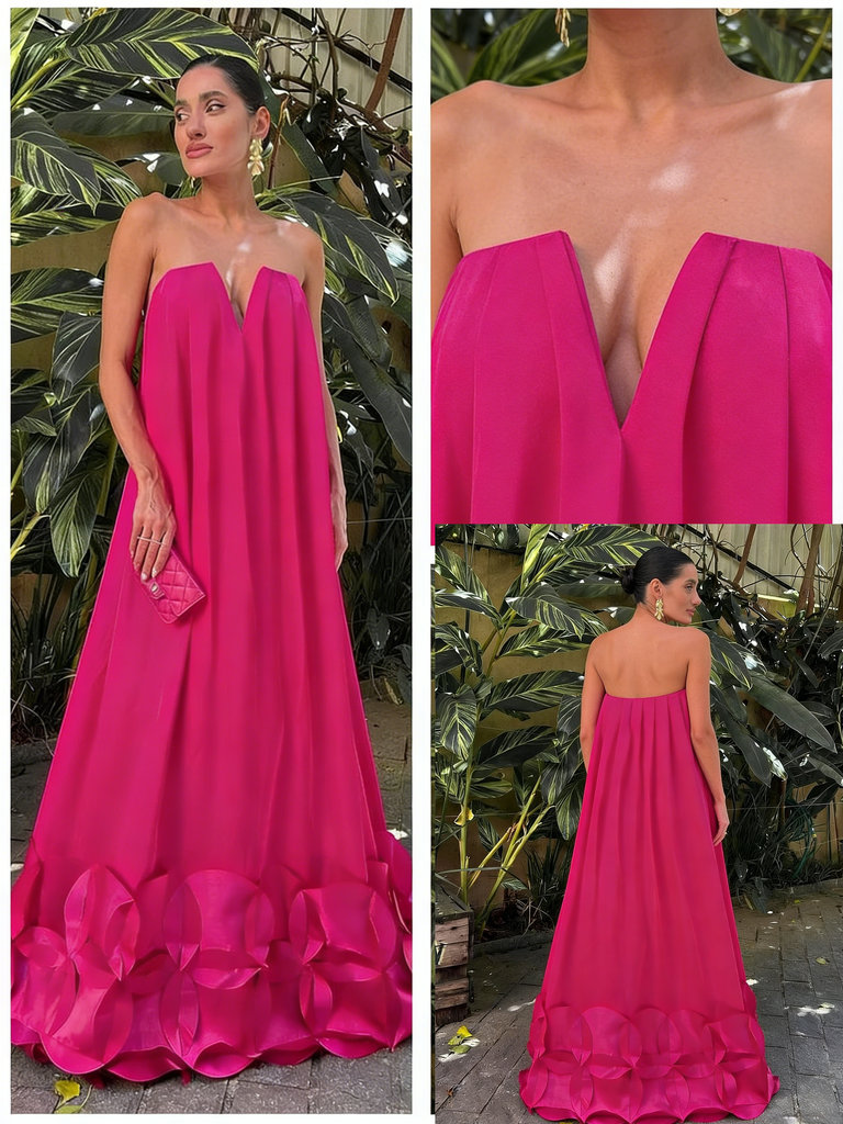 Hot Pink Strapless Flowy A-Line Maxi Dress with 3D Floral Hem for Formal Event, PD4189