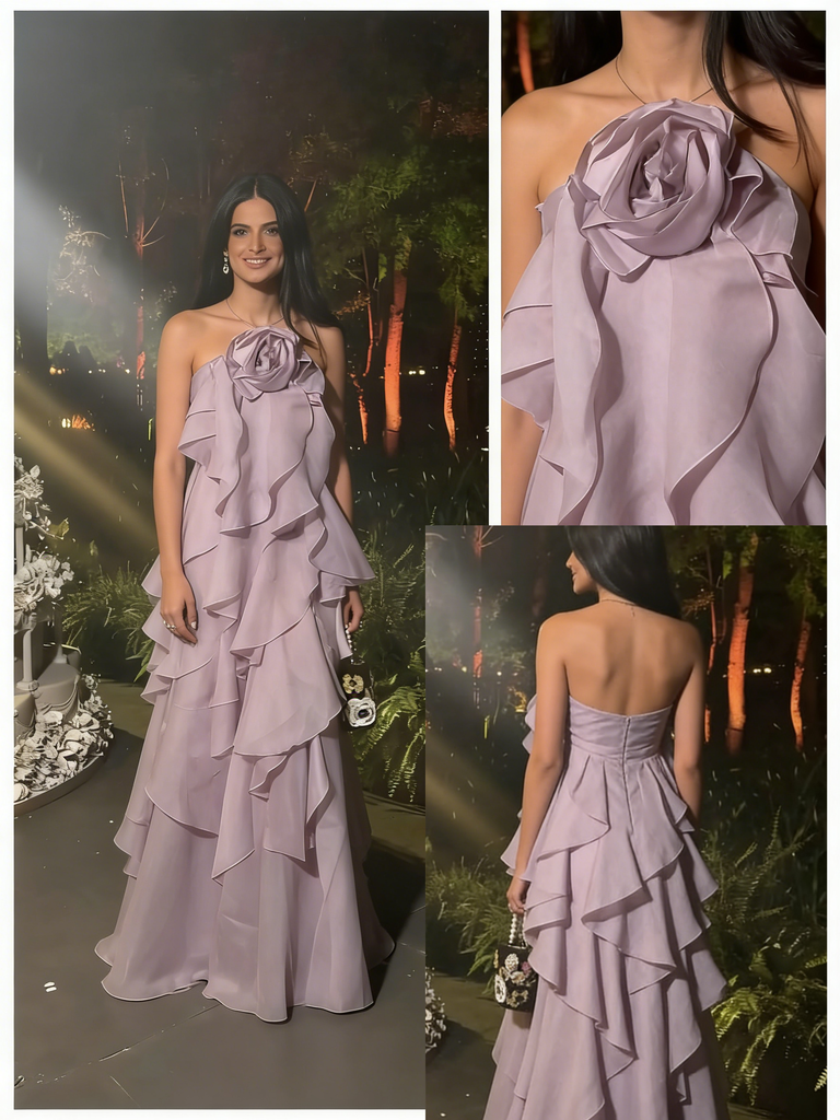 Elegant Lavender Strapless Ruffled Gown with 3D Floral Detail for Formal Events & Prom, PD4190