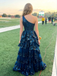 Navy Blue Sequin One Shoulder Tiered Side Slit A-Line Prom Dress with Ruffle Details, PD4194