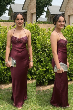 Burgundy Satin Halter Neck Mermaid Gown for Cocktail Parties & Formal Dinners, PD4195