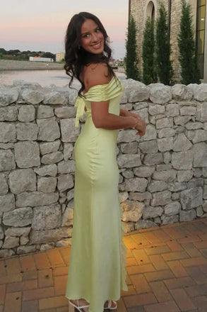 Pale Green Off-the-Shoulder Satin Slit Maxi Dress for Wedding Guest & Summer Events, PD4197