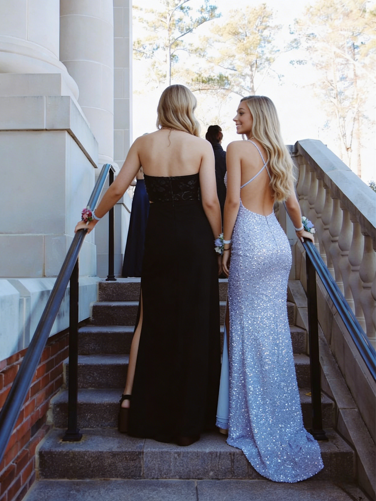 Elegant Dusty Blue Sequin Mermaid Prom Dress | V-Neck High Slit Evening Gown, PD4202