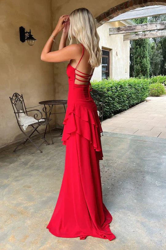 Elegant Chiffon Spaghetti Strap Ruffled Backless Evening Maxi Dress Prom Gown, PD4206