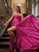 Fuchsia Spaghetti Straps Satin Prom Dress, Pleated Cutout A-Line Formal Gown for Prom, PD4209