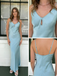 Simple Ice Blue Satin Spaghetti Strap V-Neck Mermaid Prom Dress & Formal Gown, PD4210