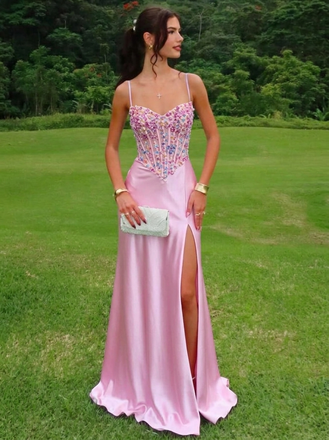 Pink Sparkly Satin Slit Formal Evening Gown Spaghetti Straps Backless Party Dress for Wedding Guest, PD4211