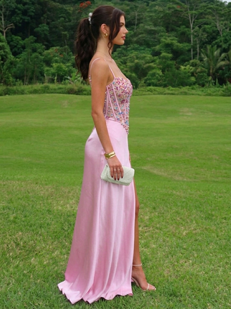 Pink Sparkly Satin Slit Formal Evening Gown Spaghetti Straps Backless Party Dress for Wedding Guest, PD4211