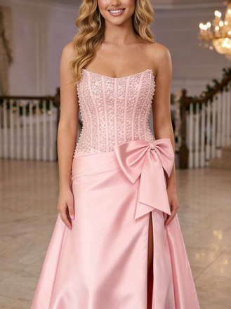 Pink Beaded Corset Prom Dress Satin Slit Formal Evening Gown Big Bow Strapless Party Dress, PD4213