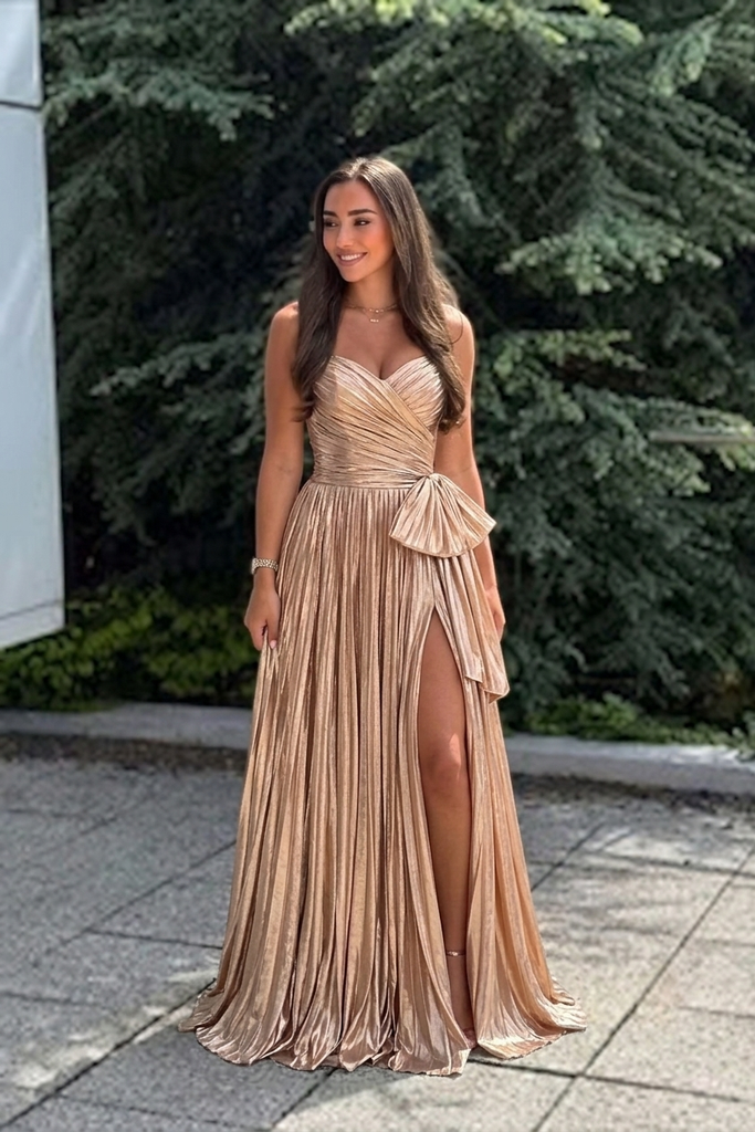 Sparkly Gold Pleated Ruched V-Neck Formal Evening Gown Bow Slit Backless Party Dress, PD4214