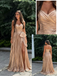 Sparkly Gold Pleated Ruched V-Neck Formal Evening Gown Bow Slit Backless Party Dress, PD4214