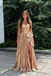 Sparkly Gold Pleated Ruched V-Neck Formal Evening Gown Bow Slit Backless Party Dress, PD4214