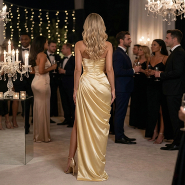 Sparkly Satin Strapless Ruched High Slit Mermaid Formal Evening Gown for Women, PD4218