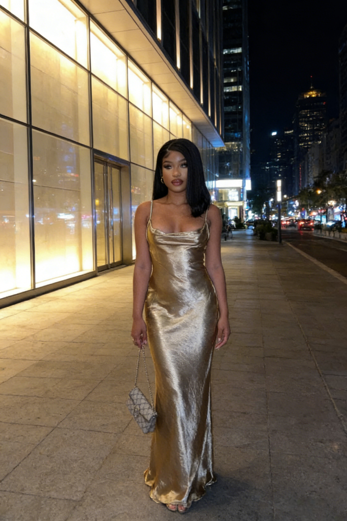 Shiny Champagne Gold Satin Cowl Slip Maxi Dress Bodycon Formal Evening Gown for Party, PD4219
