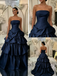 Navy Blue Strapless Satin Ball Gown, Luxury Tiered Ruffled Prom Dress for Formal Events, PD4227