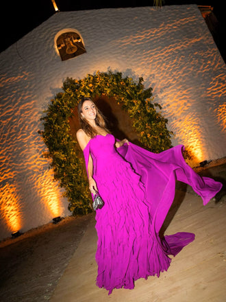 Flowy Fuchsia Off Shoulder Ruffle Chiffon Formal Evening Gown for Wedding&Gala&Party, PD4230