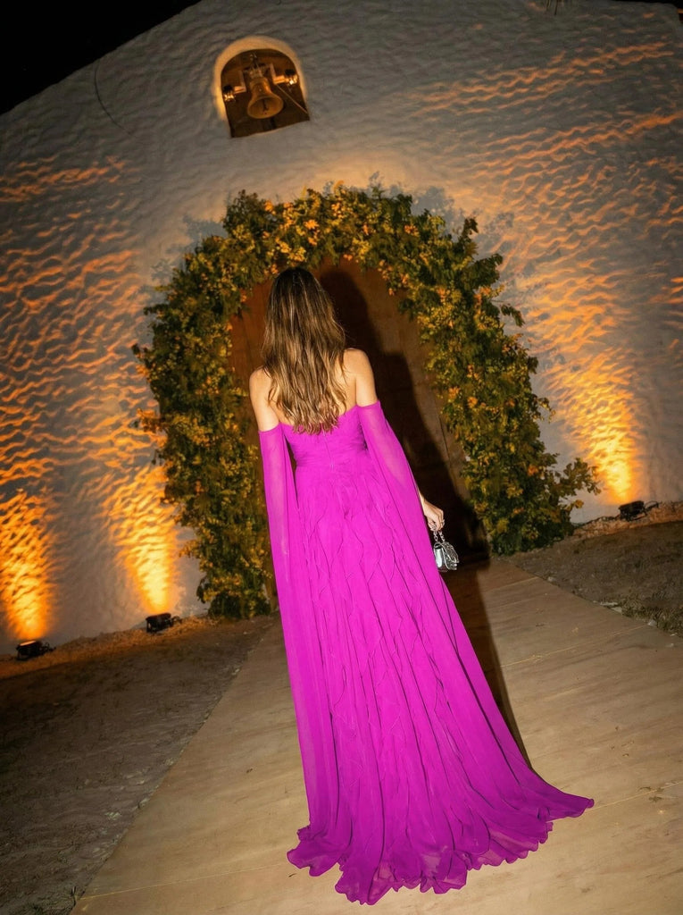 Flowy Fuchsia Off Shoulder Ruffle Chiffon Formal Evening Gown for Wedding&Gala&Party, PD4230