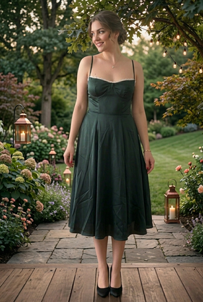 Vintage Emerald Green Satin Midi Dress, Lace Trim Spaghetti Strap Cocktail Dress, PD4235