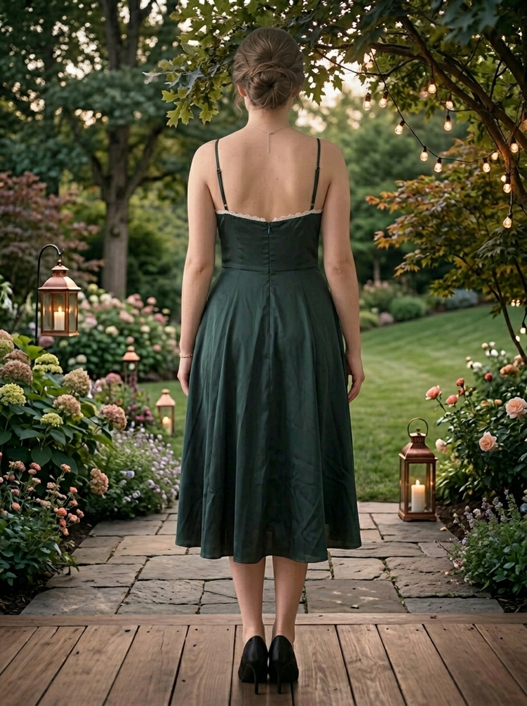 Vintage Emerald Green Satin Midi Dress, Lace Trim Spaghetti Strap Cocktail Dress, PD4235