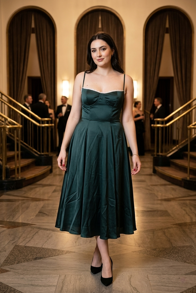 Vintage Emerald Green Satin Midi Dress, Lace Trim Spaghetti Strap Cocktail Dress, PD4235
