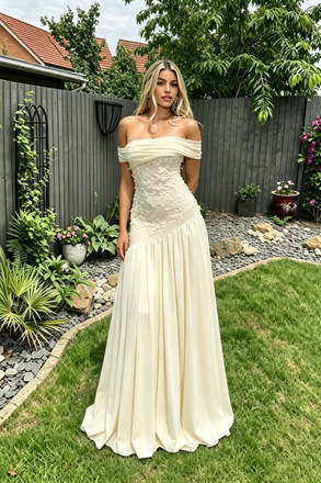 Elegant Off Shoulder Chiffon Lace A-Line Formal Dress Bridal Gown, PD4239