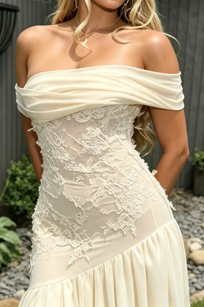 Elegant Off Shoulder Chiffon Lace A-Line Formal Dress Bridal Gown, PD4239