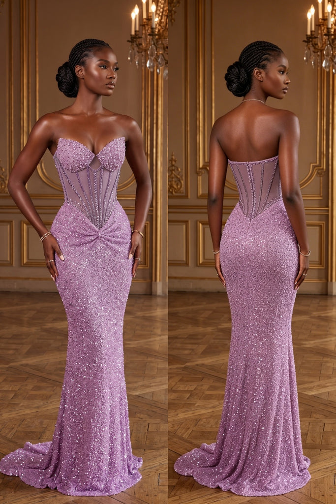 Lavender Sequin Strapless Mermaid Gown With Sheer Corset Bodice, PD4240