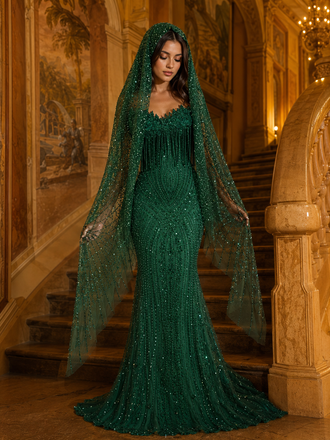 Elegant Emerald Green Embellished Mermaid Wedding Gown With Sparkle Veil, PD4242