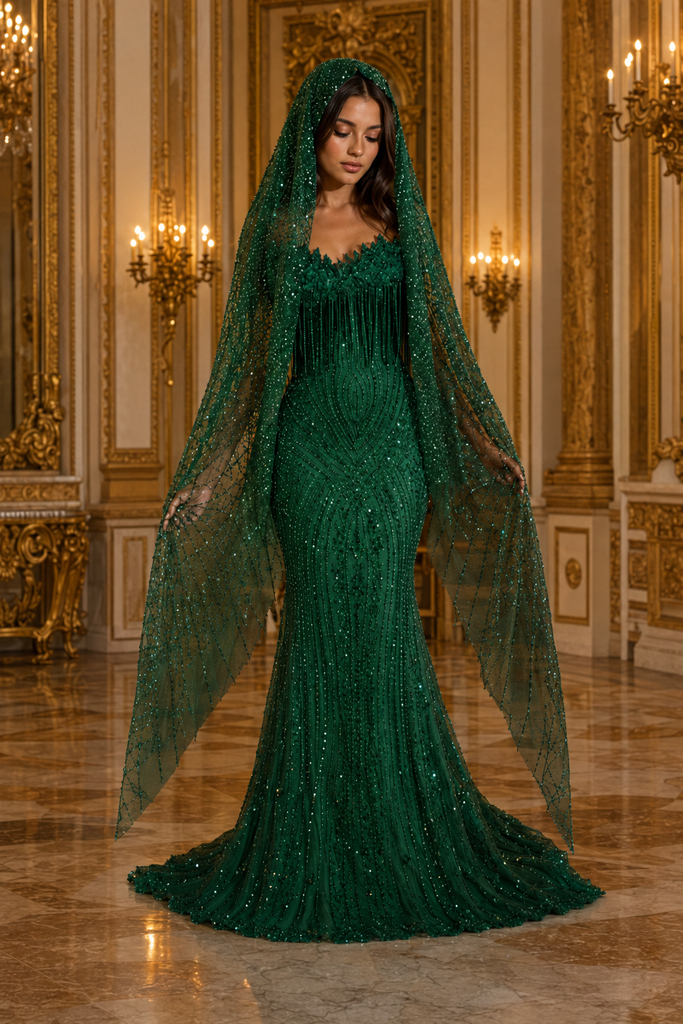 Elegant Emerald Green Embellished Mermaid Wedding Gown With Sparkle Veil, PD4242