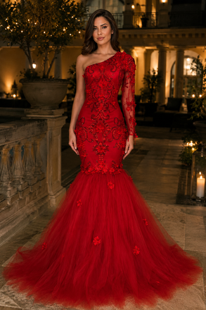 Luxury Red Lace Mermaid Prom Dress with Sheer Long Sleeve and Tulle Hem, PD4243