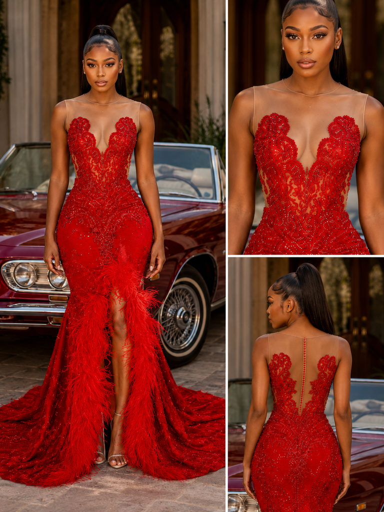 Red Lace Feather Trim Mermaid Prom Dress With Illusion Neckline And High Slit, PD4244