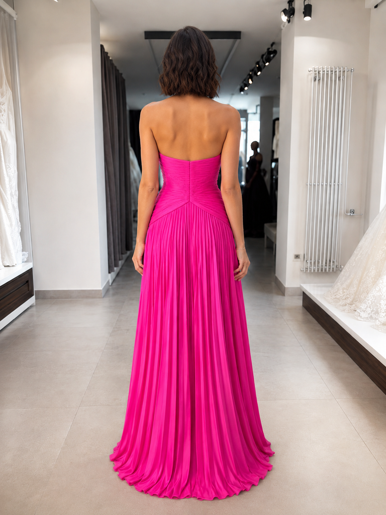 Hot Pink Pleated Satin Strapless A Line Evening Gown With Front Cutout And Leg Slit, PD4245