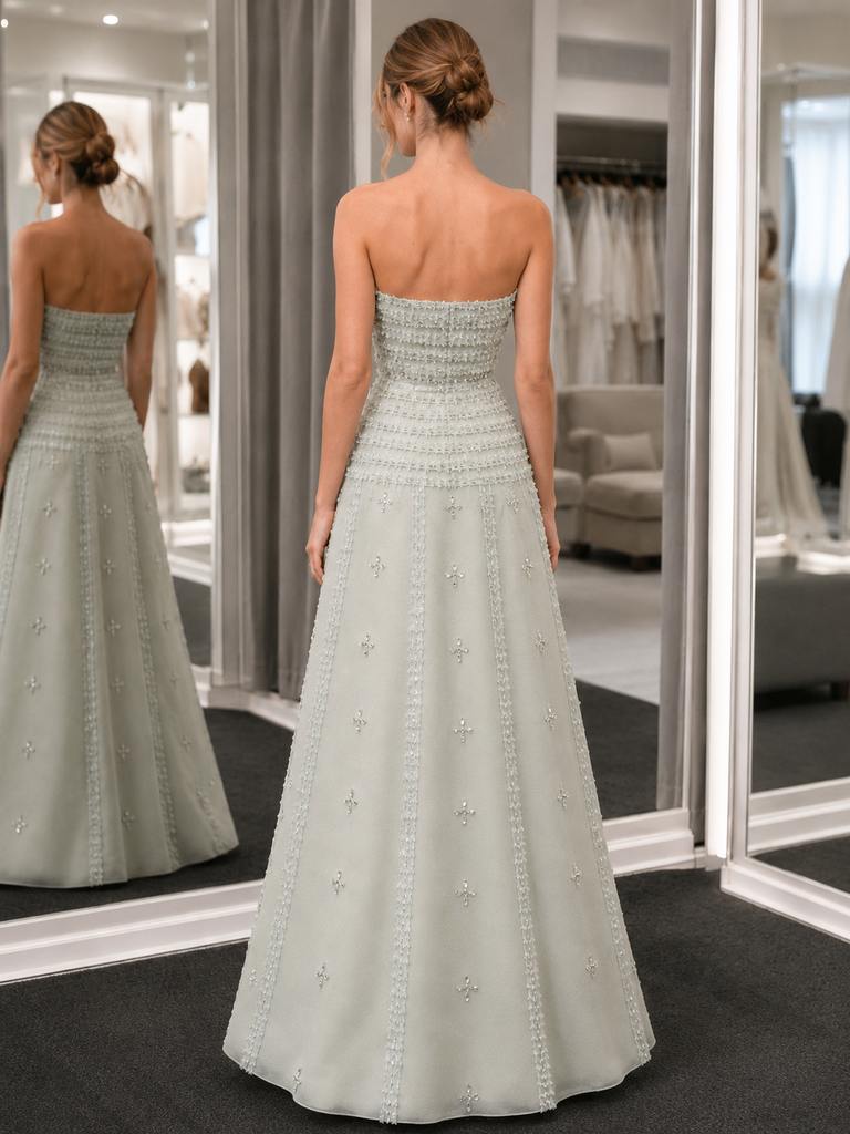 Beaded Textured Strapless Floor Length Formal Dress, PD4246