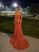 Orange Glitter Beaded Corset Mermaid Prom Gown Strapless High Slit Evening Dress, PD4247