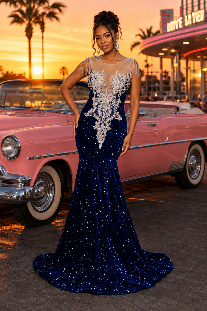 Royal Blue Sequin Velvet  Sheer Neck Mermaid Prom Dress With Rhinestone, PD4249