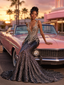 Sparkly Black Silver Beaded Sequin Deep V-Neck Mermaid Prom Dress, PD4250