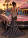 Sparkly Black Silver Beaded Sequin Deep V-Neck Mermaid Prom Dress, PD4250