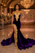 Luxury Purple Velvet Off Shoulder Mermaid Prom Dress With Gold Lace Appliques Slit, PD4251