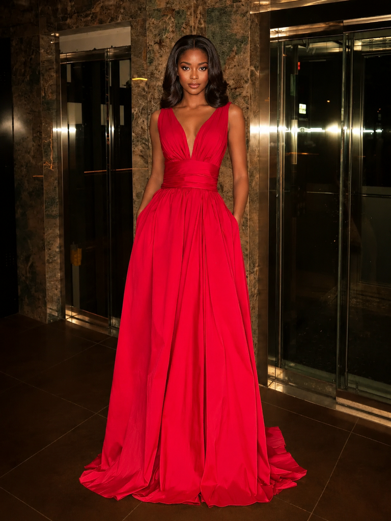 Simple Red Satin Spaghetti Straps Deep V-Neck A-Line Prom Dress With Pockets, PD4253