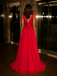 Simple Red Satin Spaghetti Straps Deep V-Neck A-Line Prom Dress With Pockets, PD4253